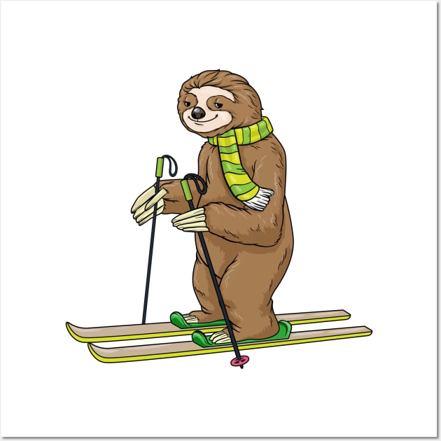 Sloth with scarf as skier with skis Wall Art by Markus Schnabel